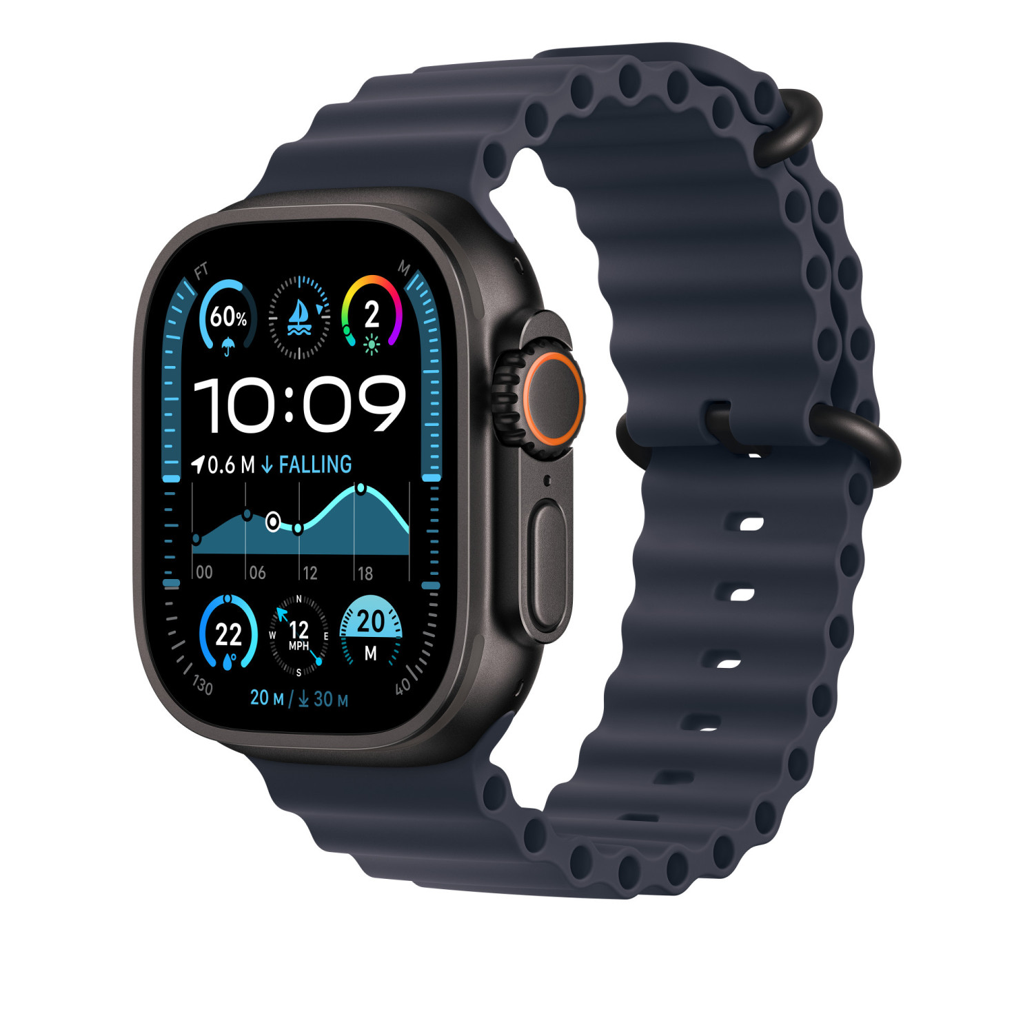 Uno smartwatch blu scuro con display rotondo che mostra ora e vari dati.