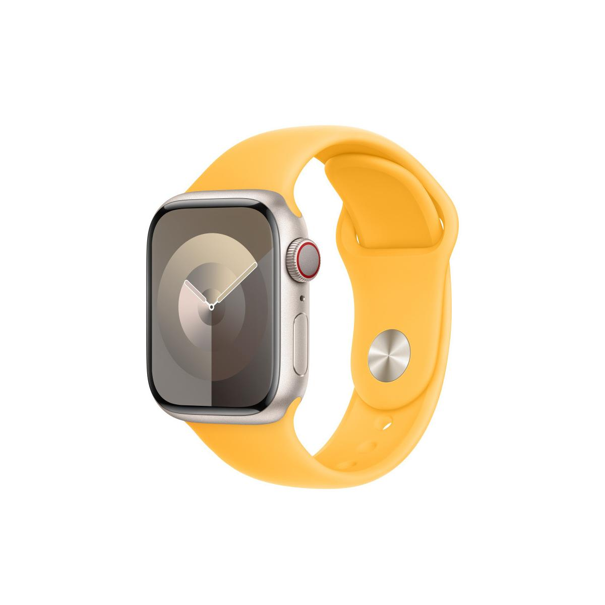 Eine silberne Apple Watch mit einem leuchtend gelben Armband ist weiß vor weißem Hintergrund.