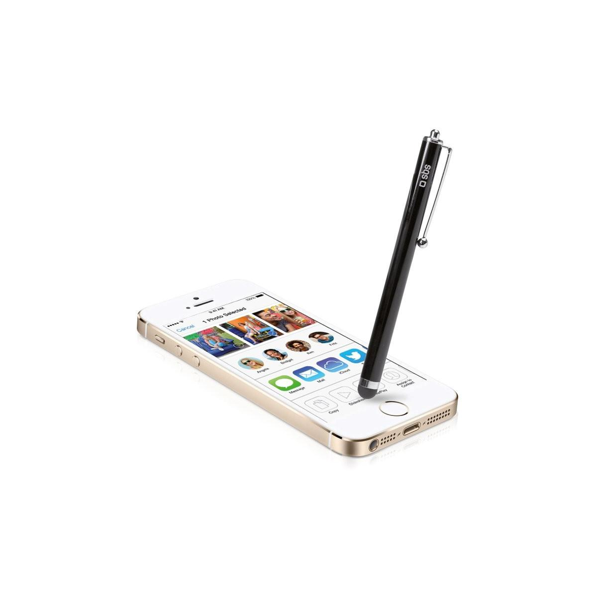 Ein schwarzer Stylus ruht auf einem weißen iPhone-Bildschirm mit ausgewählten Fotos.