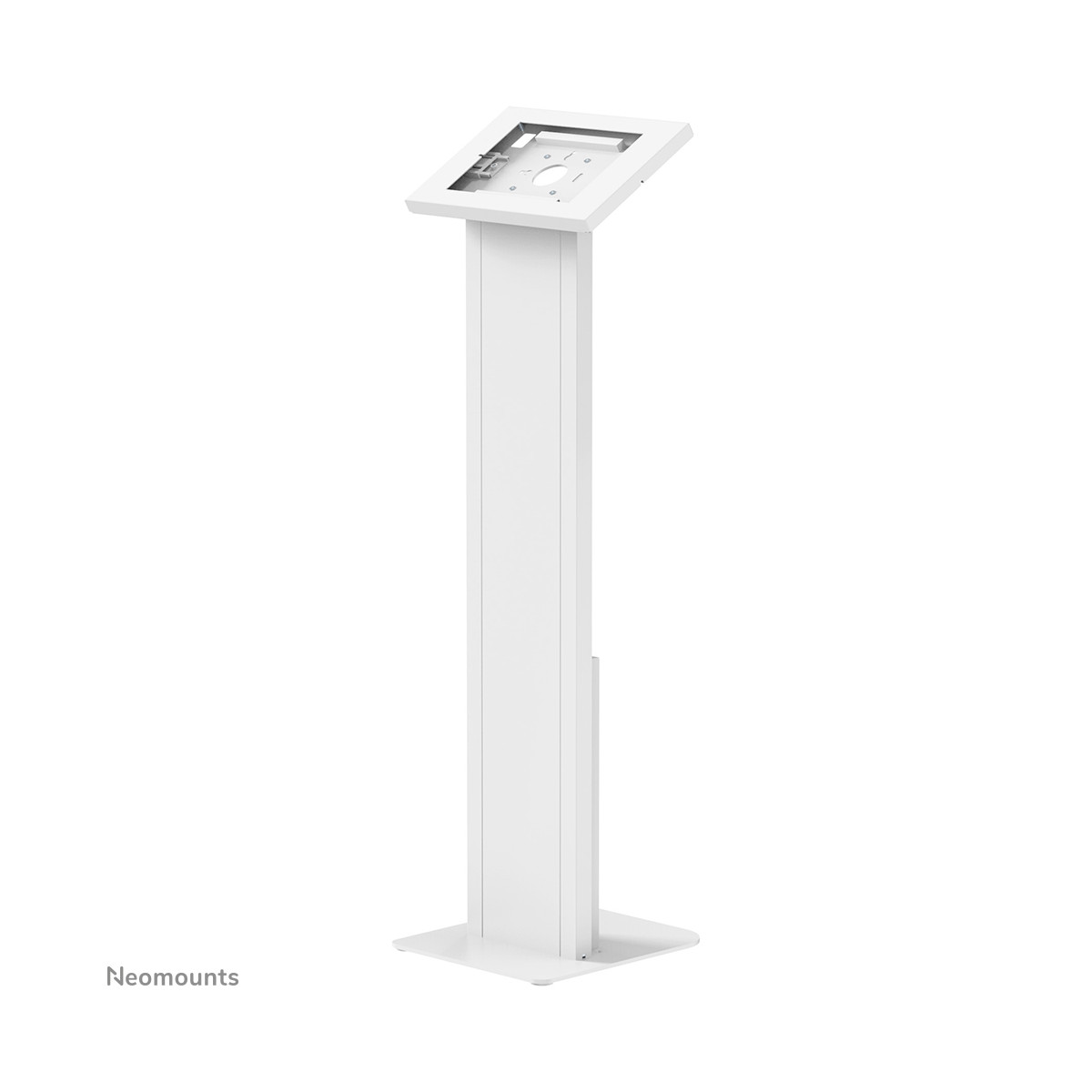 Un support blanc pour tablette avec une base et une colonne rectangulaires.