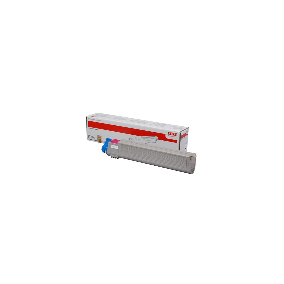 Grijze OKI-toner cartridge met blauwe en roze hendels naast de doos.