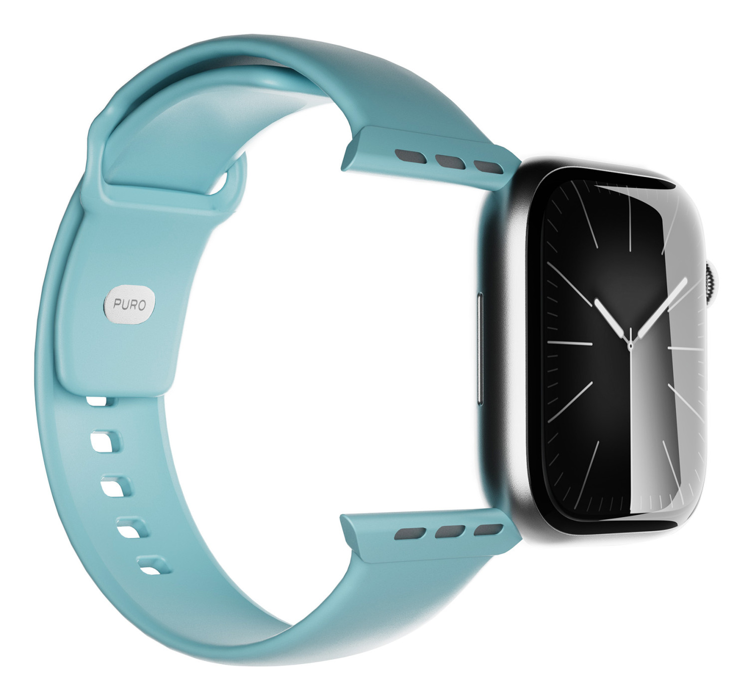Un reloj inteligente azul claro con esfera negra y carcasa plateada.
