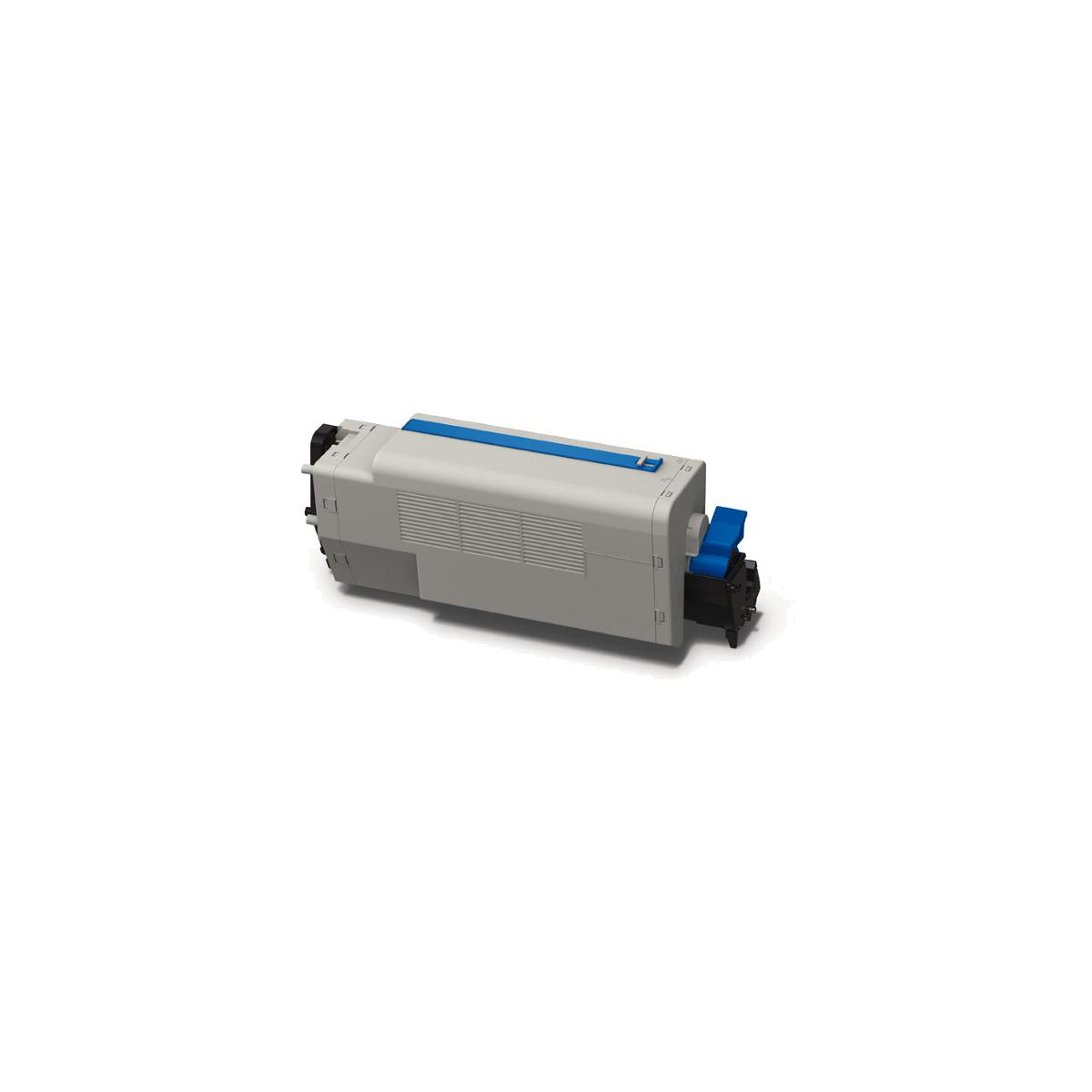 Grijze tonercartridge met blauw handvat en connector.