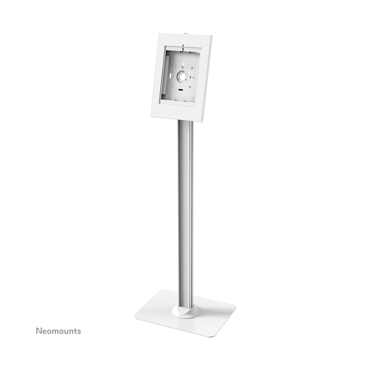 Un support blanc pour tablette avec un poteau en métal sur une base rectangulaire.