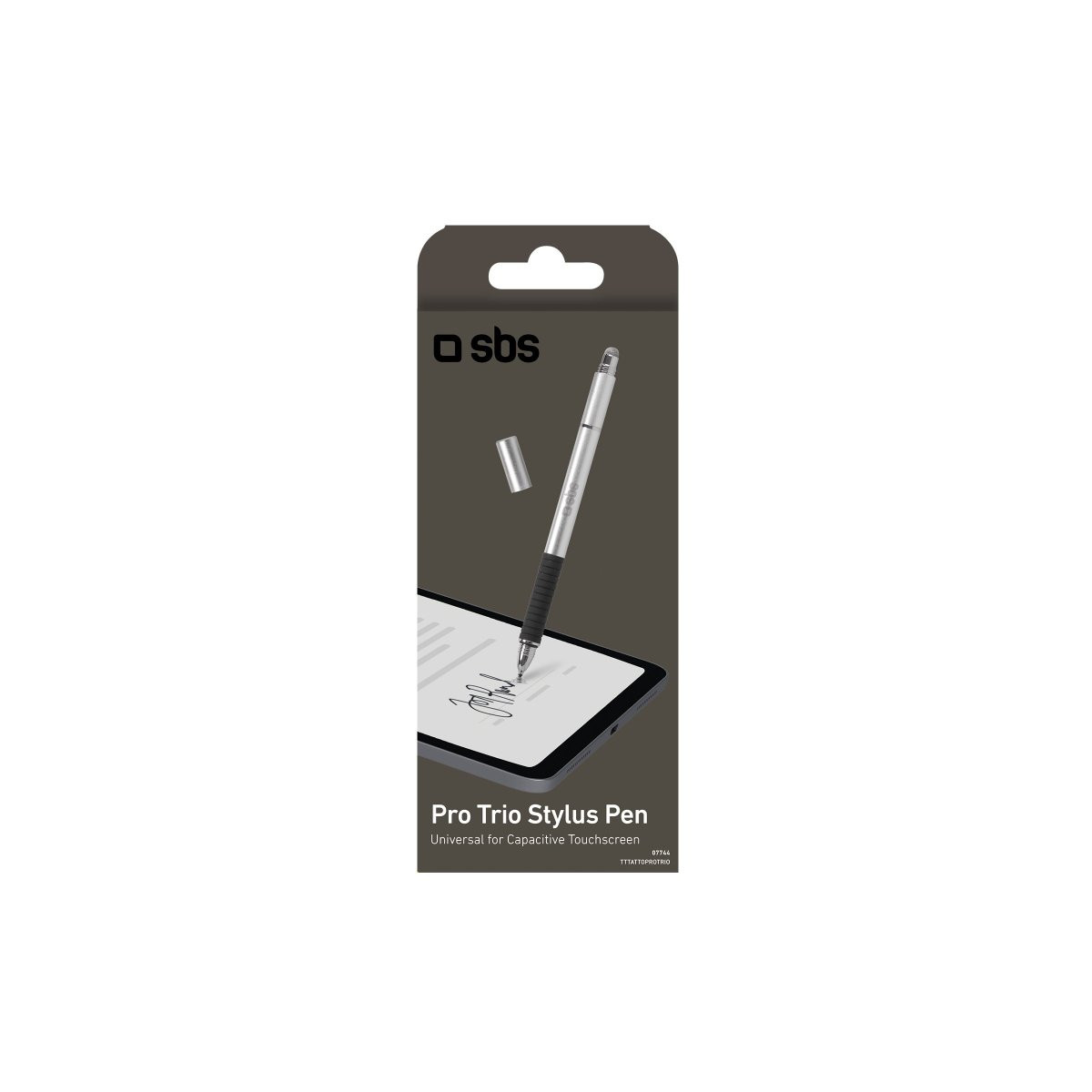 Bolígrafo SBS Pro Trio Stylus en embalaje de tableta, con tapa cerca.