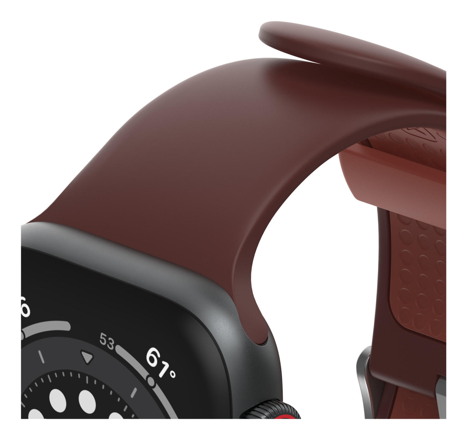 Primo piano di uno smartwatch marrone con quadrante scuro che mostra 53 e 61 gradi.