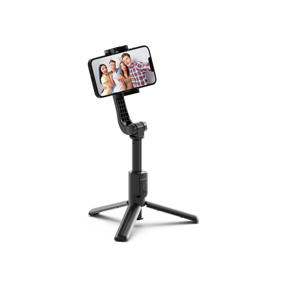 Un gimbal per telefono nero con treppiede che mostra un selfie di quattro persone.