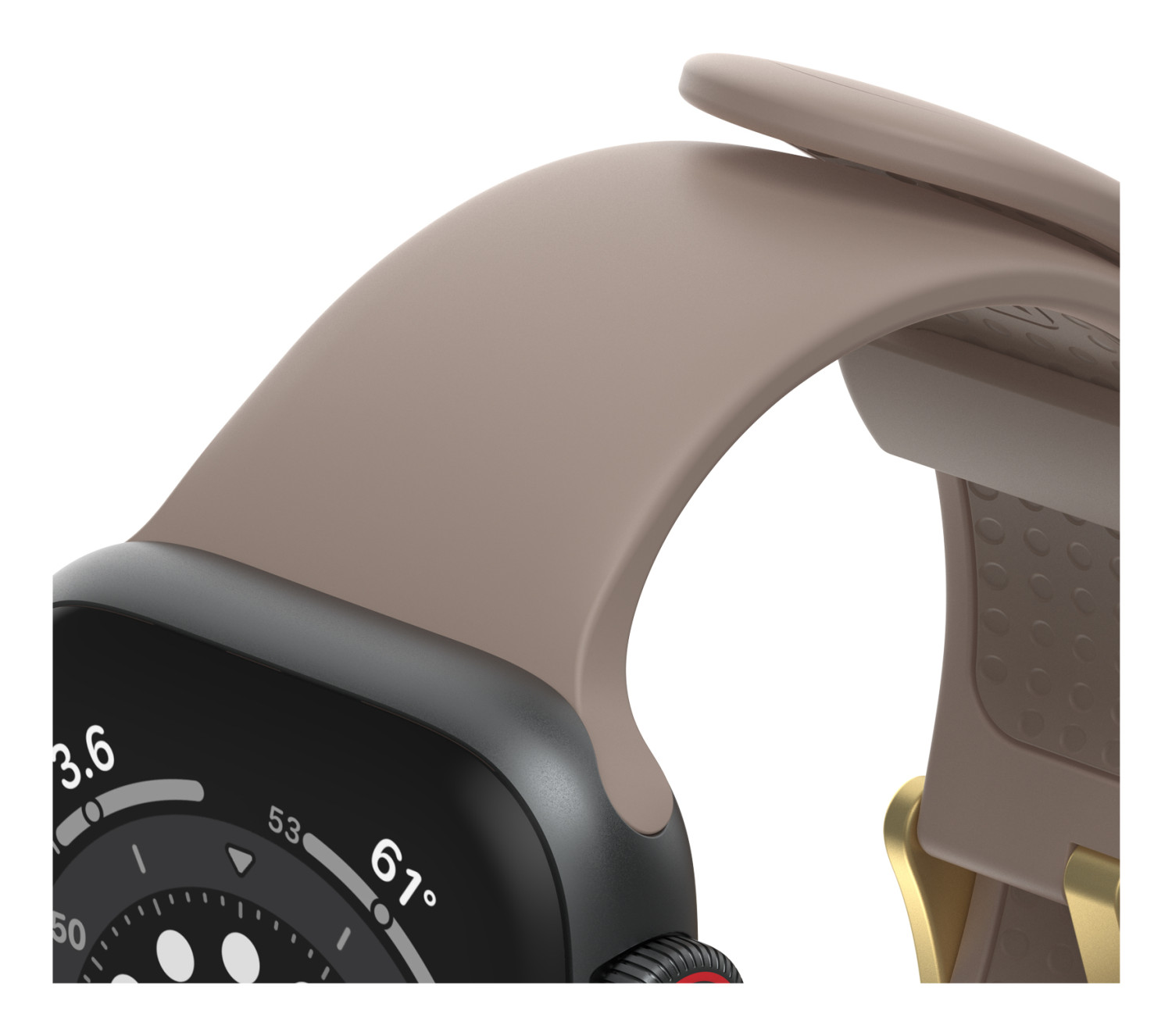 Primo piano di uno smartwatch marrone che mostra 3,6, 53 e 61 gradi sul quadrante.
