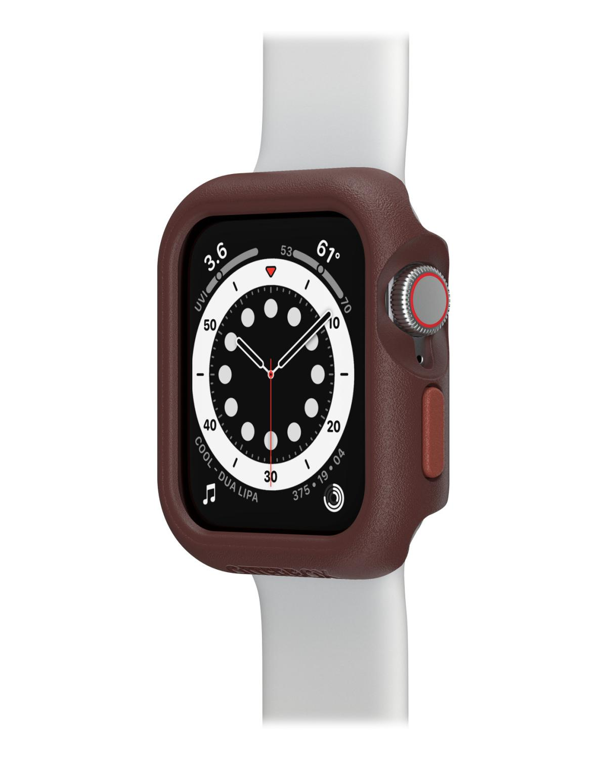 Uno smartwatch con cassa marrone e cinturino bianco. Lo schermo mostra 3.6 UVI e 61 gradi.