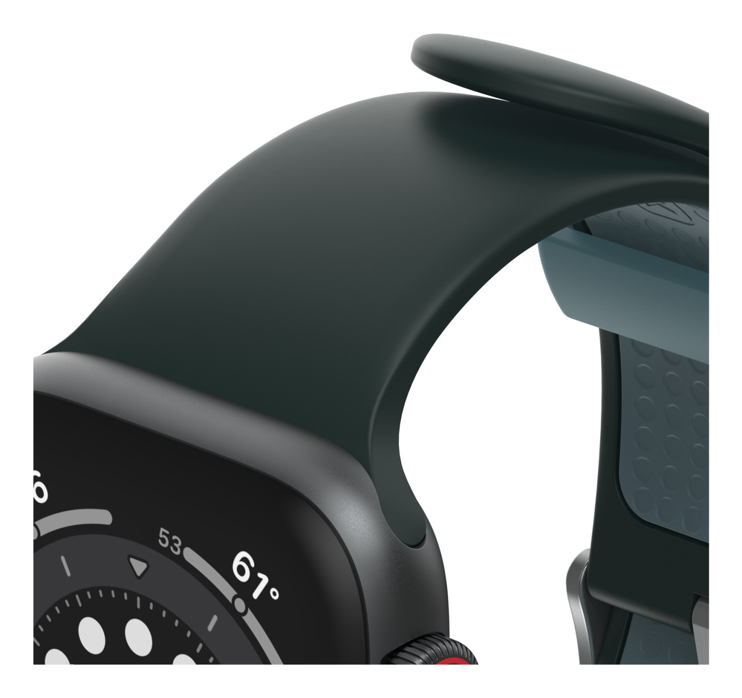 Cinturino smartwatch grigio scuro con quadrante che mostra 53 e 61 gradi.