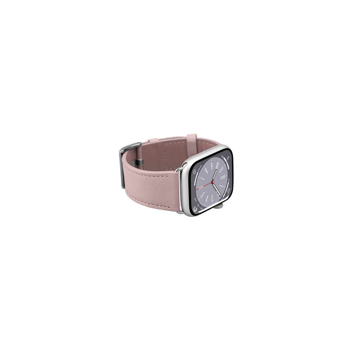 Uno smartwatch con cinturino in pelle rosa e cassa argentata, su sfondo bianco.