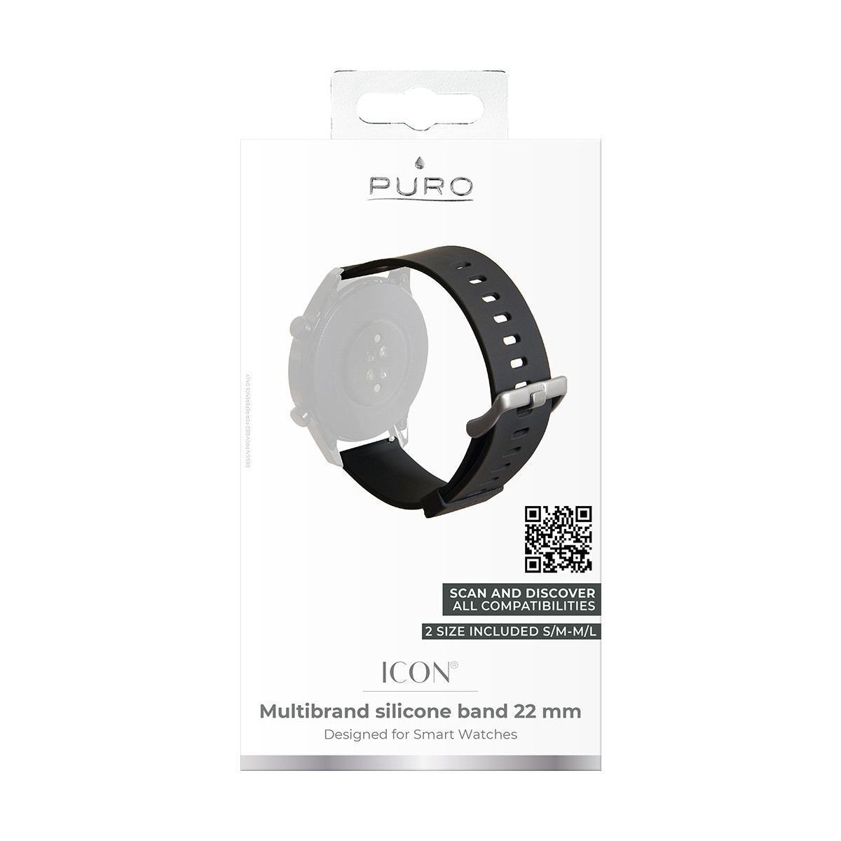 Cinturino nero in silicone per orologio con fibbia argentata su confezione.