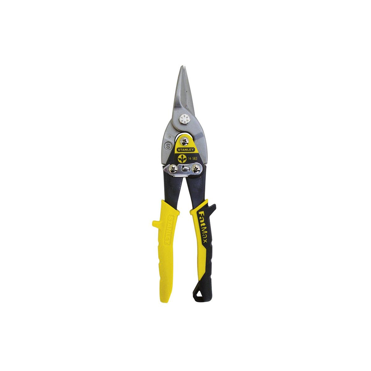 Eine gelbe und schwarze Blechschere von Stanley mit dem FatMax-Logo.