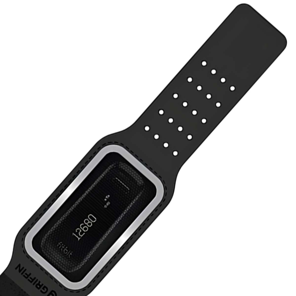 Schwarzes Fitnessarmband mit silbernem Rand und digitaler Anzeige von 12680 Schritten.