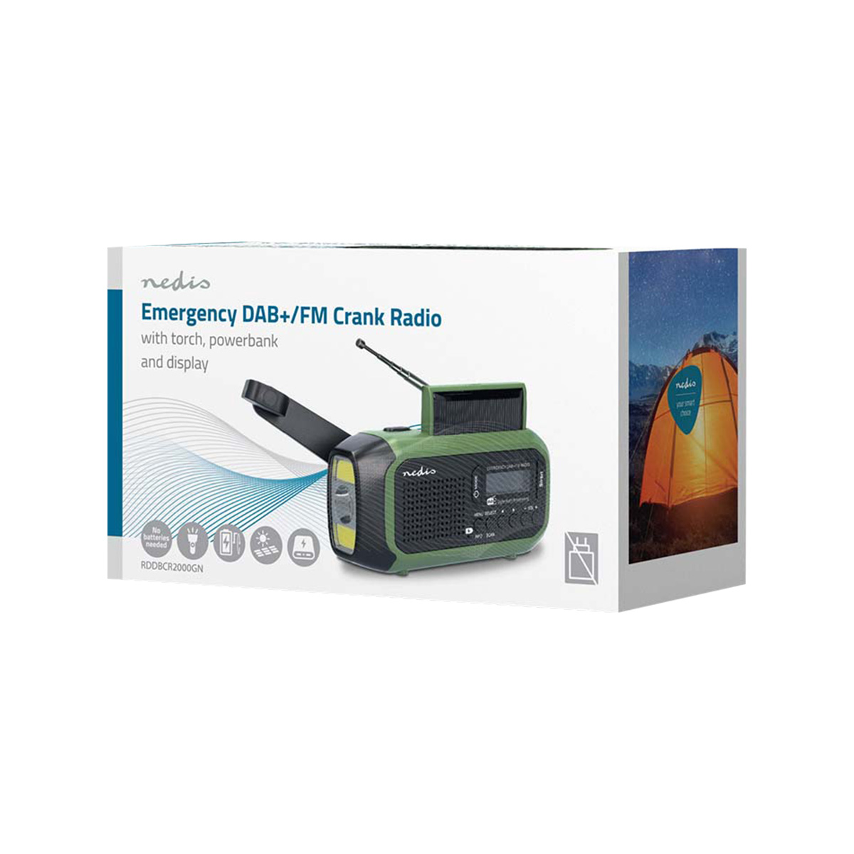 Green emergency DAB+/FM crank radio with torch, powerbank and display.