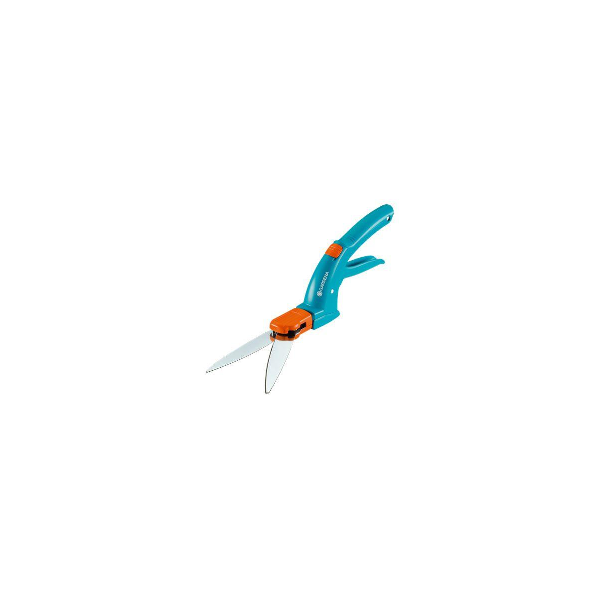 Eine blaue Gartenschere mit orangefarbenem Griff und Klingen.
