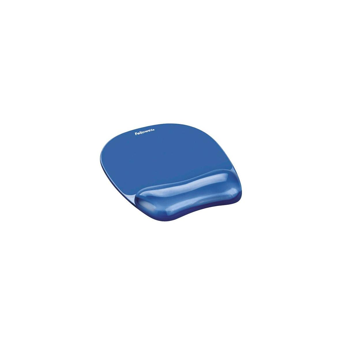 Een blauwe ergonomische muismat met polssteun op witte achtergrond.