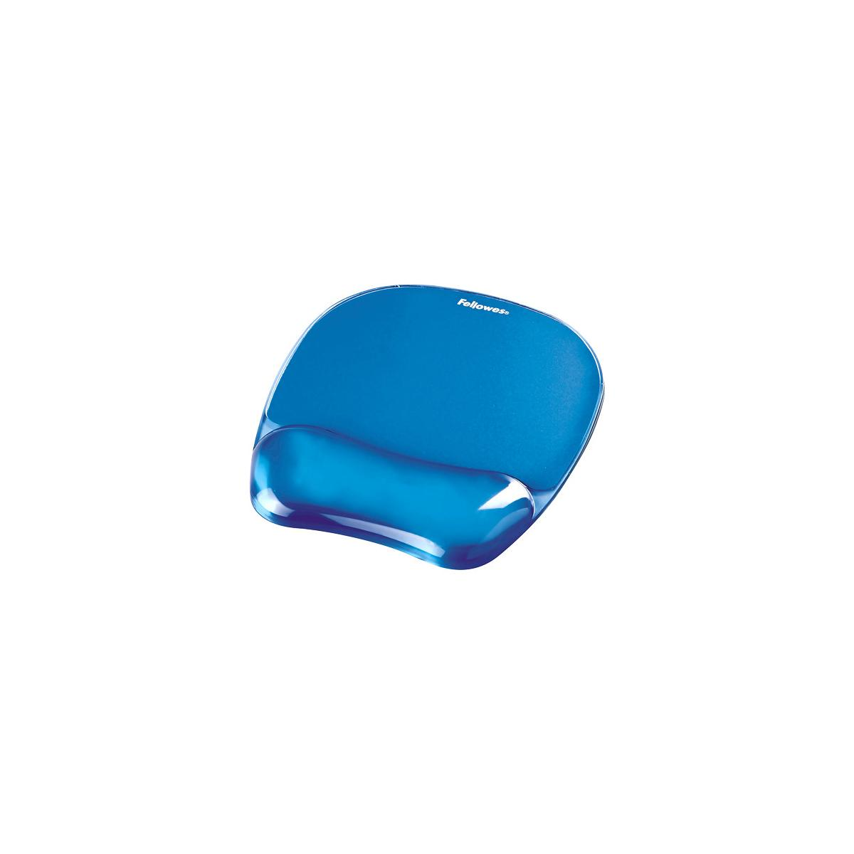 Blauw ergonomisch muismat met polssteun en Fellowes-logo.