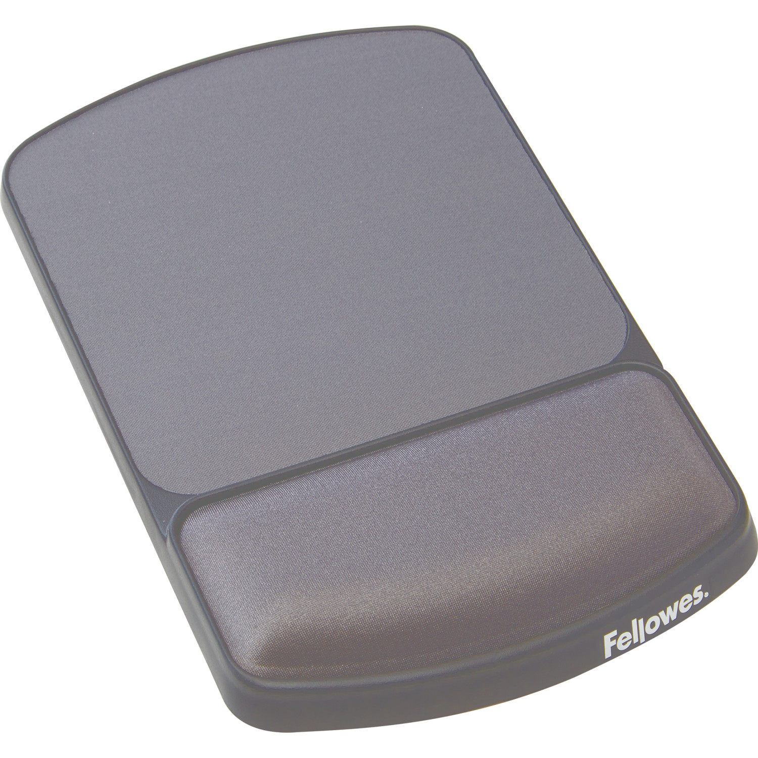 Alfombrilla de ratón gris con reposamuñecas y logo de Fellowes.