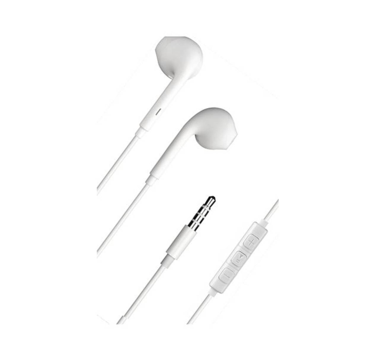 Auriculares blancos con cable, conector de 3,5 mm y control remoto en línea.