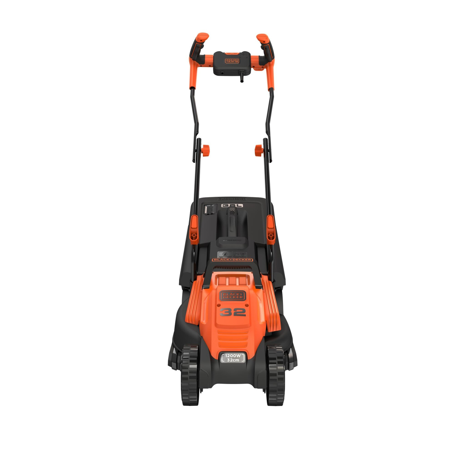 Un cortacésped eléctrico naranja y negro con mango y ruedas sobre fondo blanco.