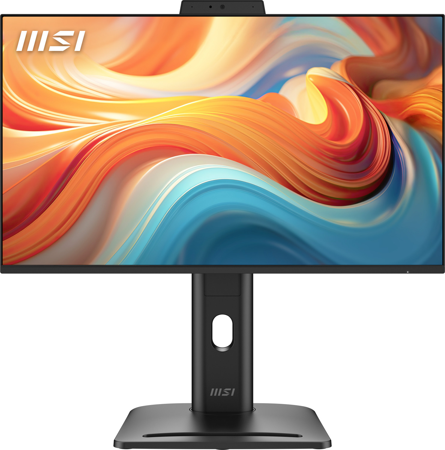Un monitor MSI nero con sfondo astratto e colorato è su un supporto nero.