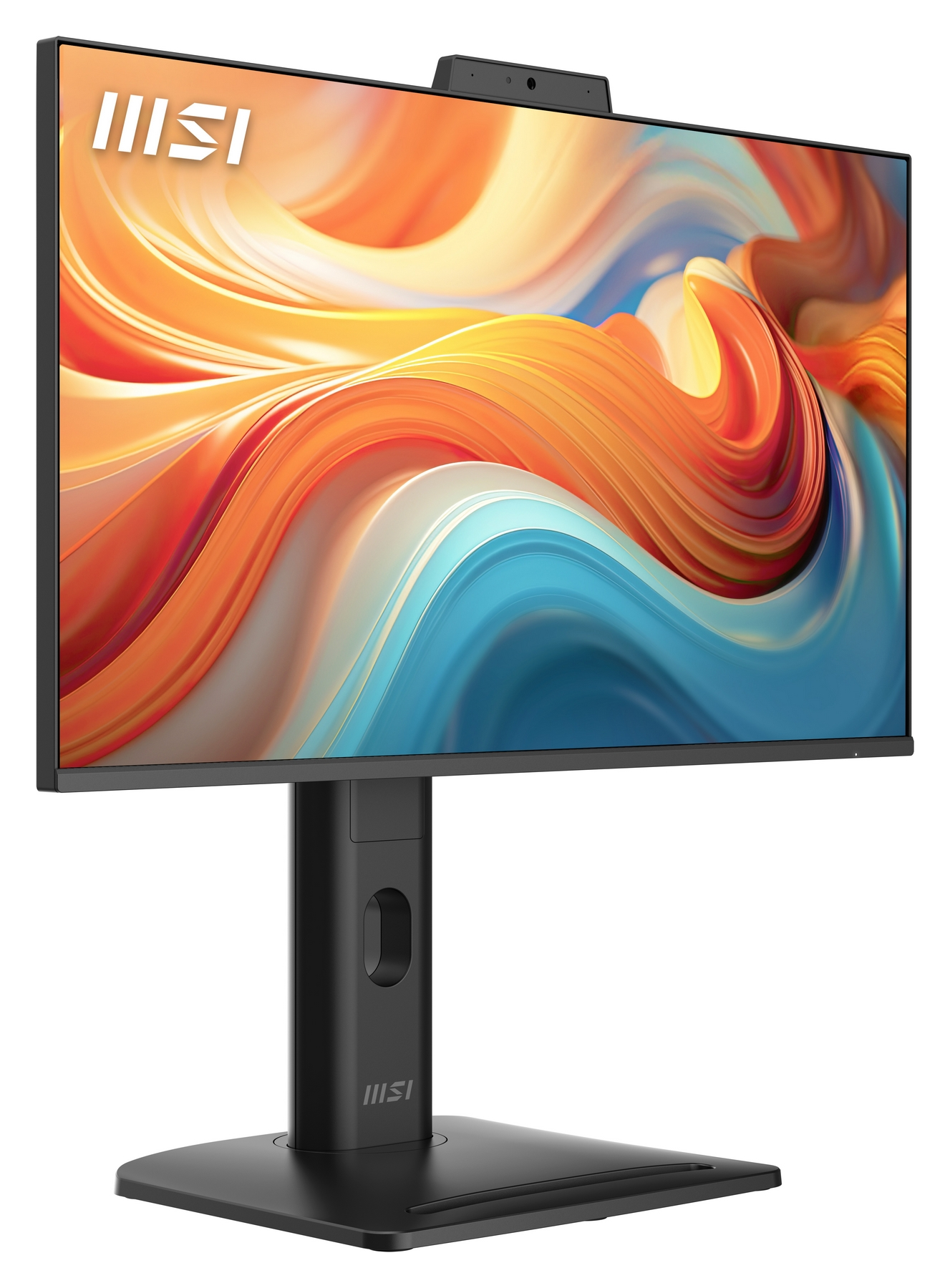 Un monitor MSI nero con sfondo astratto colorato e webcam integrata.