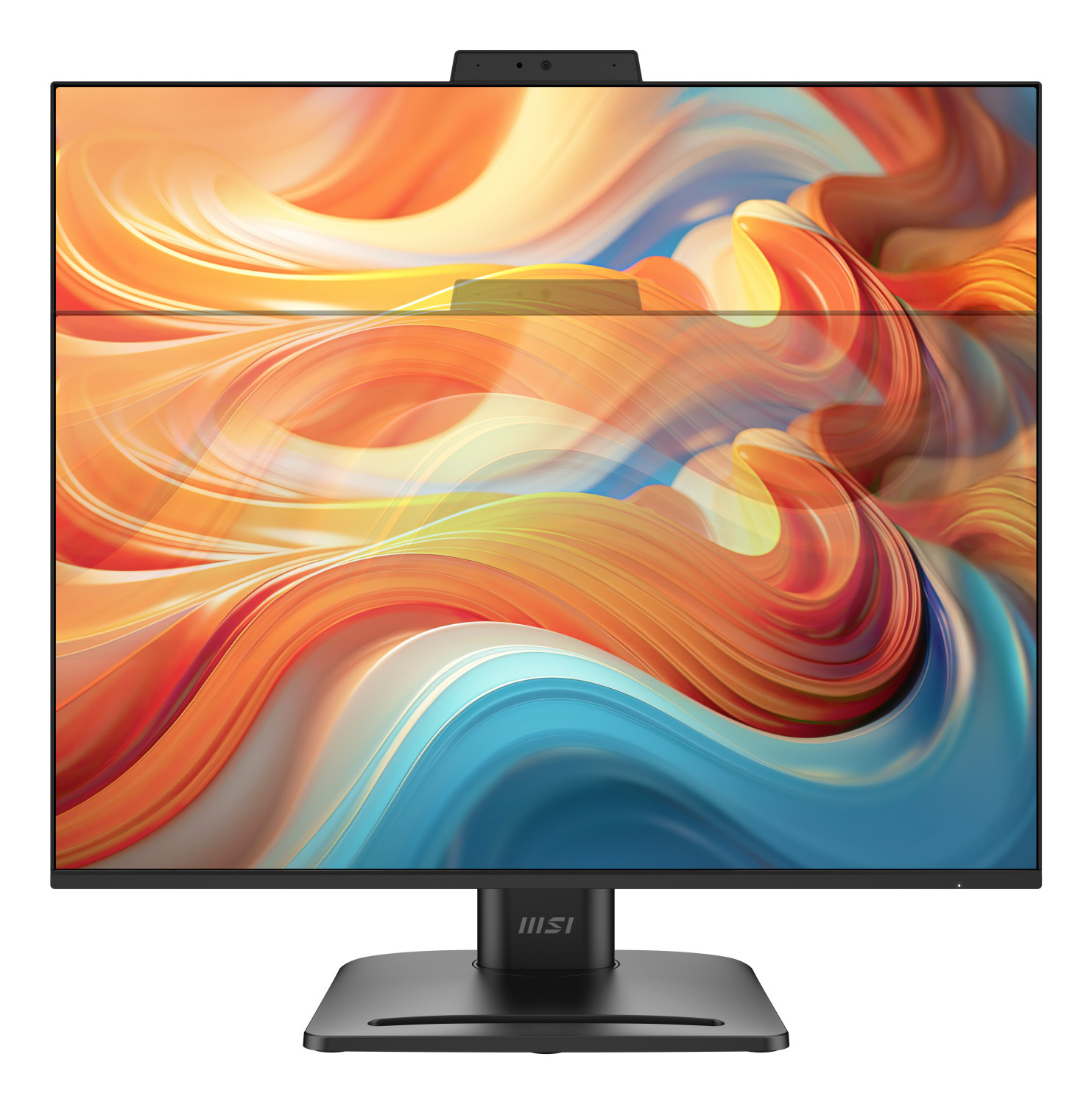 Un monitor MSI nero con grafica astratta e colorata e una fotocamera in cima.