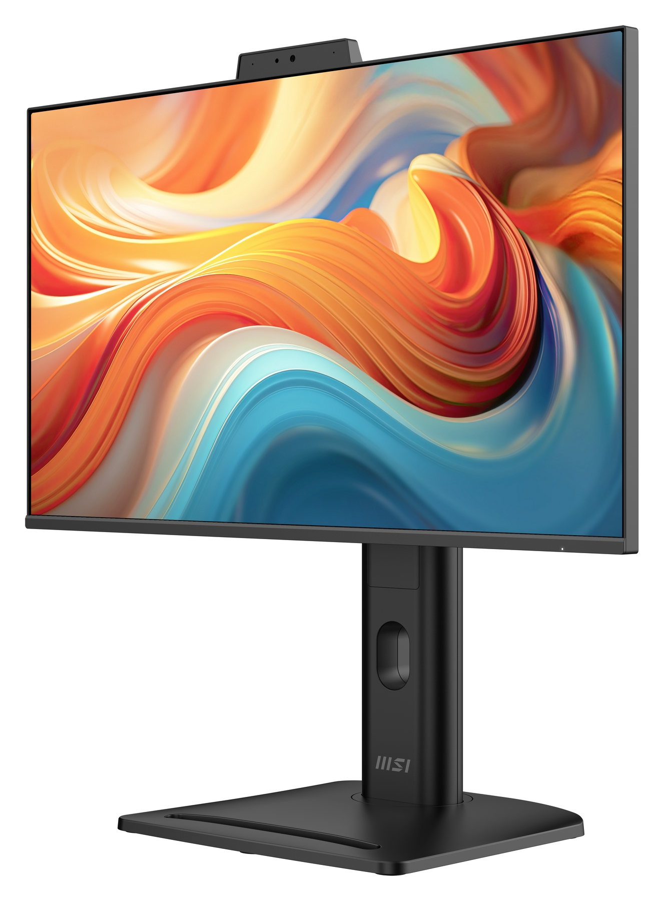Un monitor nero con uno sfondo astratto colorato e una webcam integrata in alto.