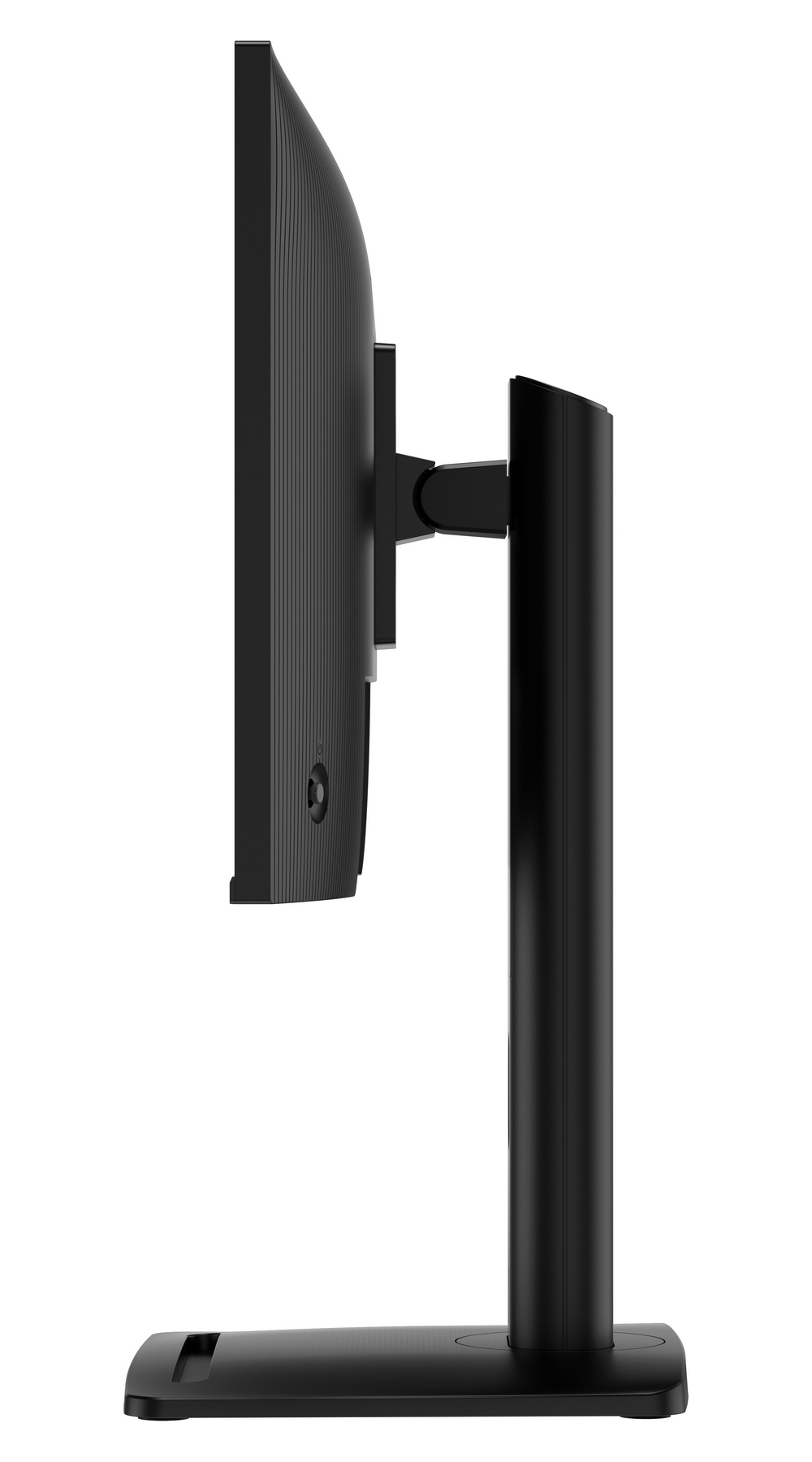 Monitor per computer nero con cornice sottile su supporto robusto.
