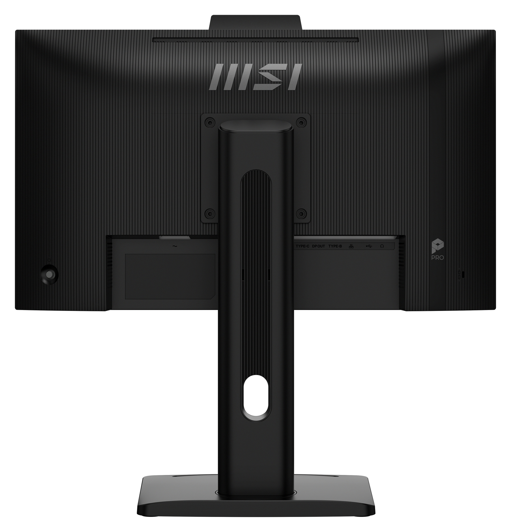 Retro di un monitor nero con logo MSI e porte.