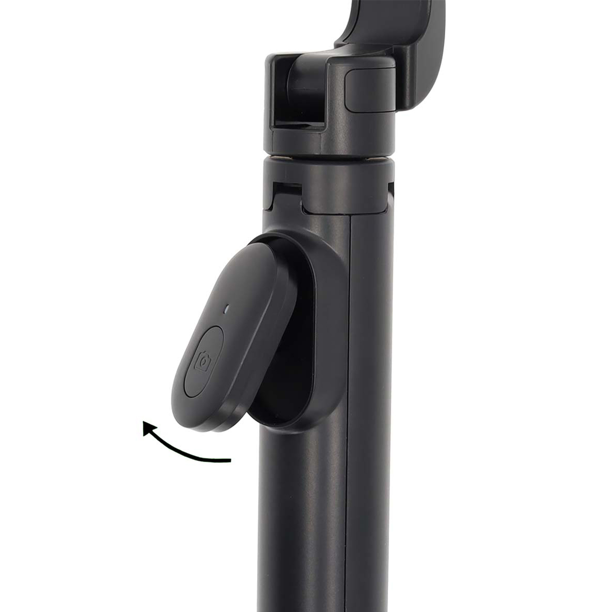 Schwarzer Selfie-Stick-Griff mit abnehmbarem Fernbedienungsknopf für die Kamera.