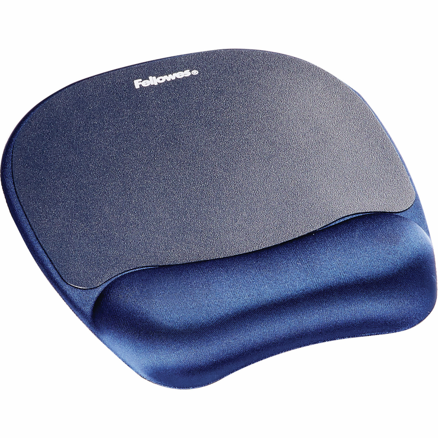 Alfombrilla de ratón ergonómica azul con reposamuñecas y logo Fellowes.