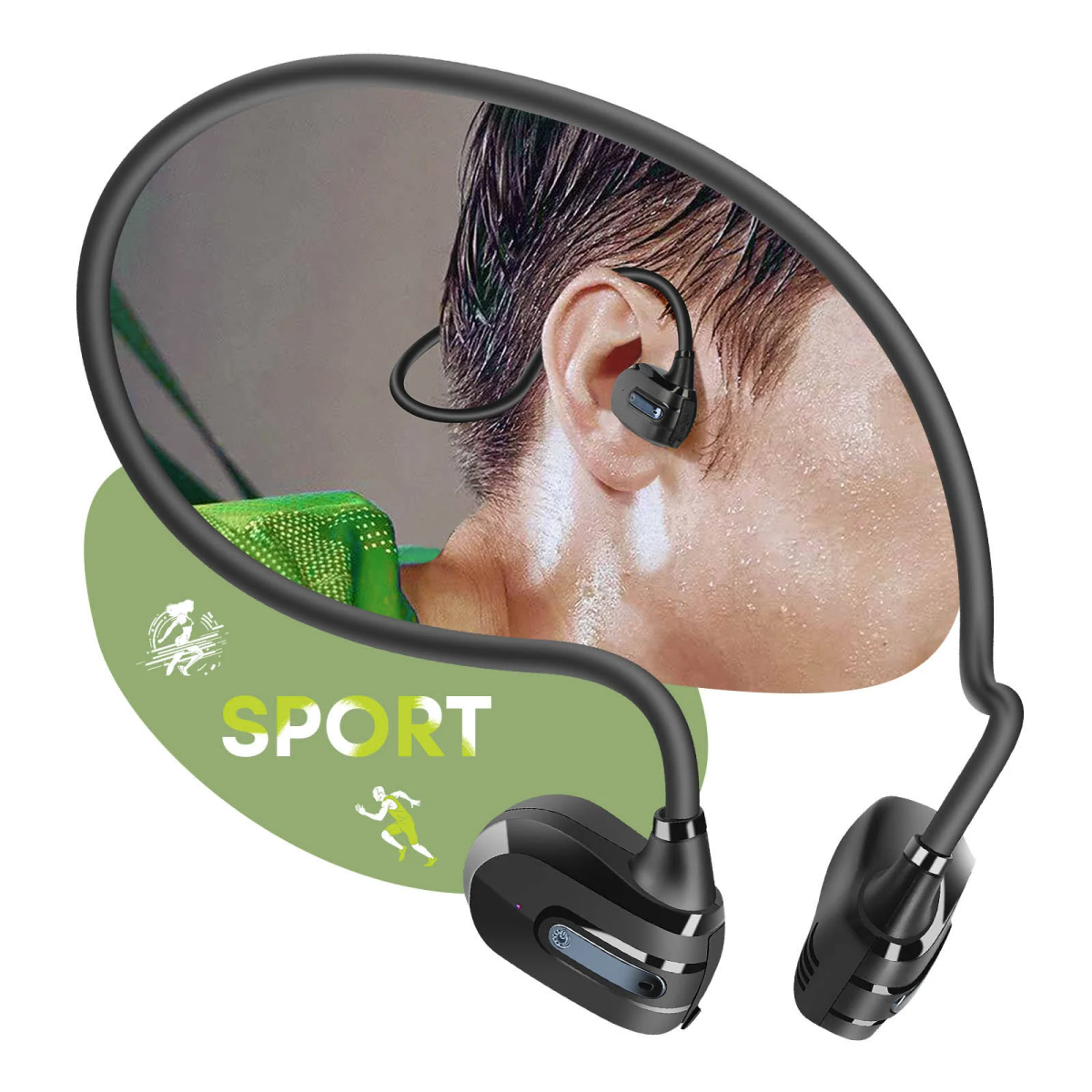 Schwarze Sport-Kopfhörer mit Bügel, die an einem verschwitzten Ohr getragen werden.