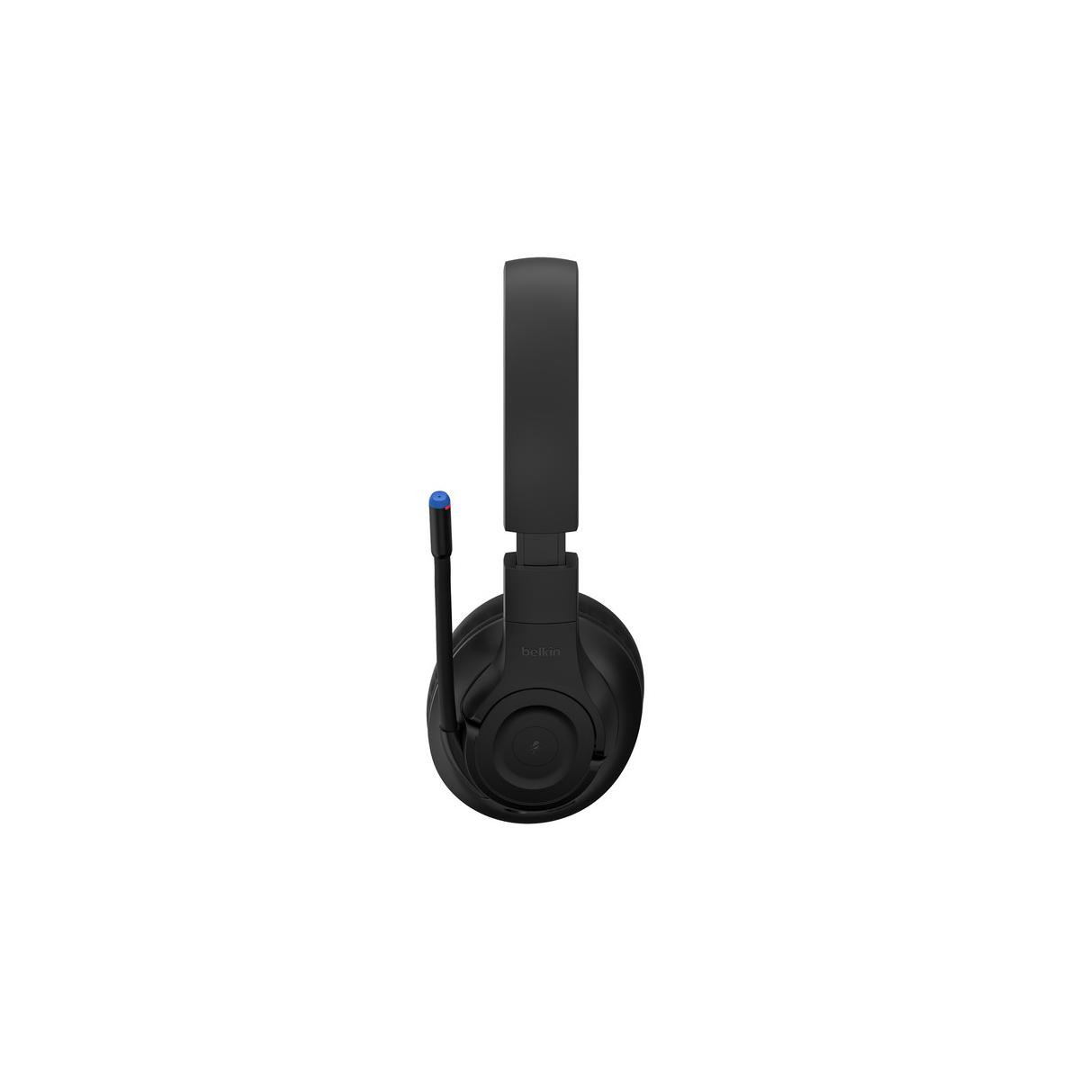 Black headphones with a microphone and a blue accent.