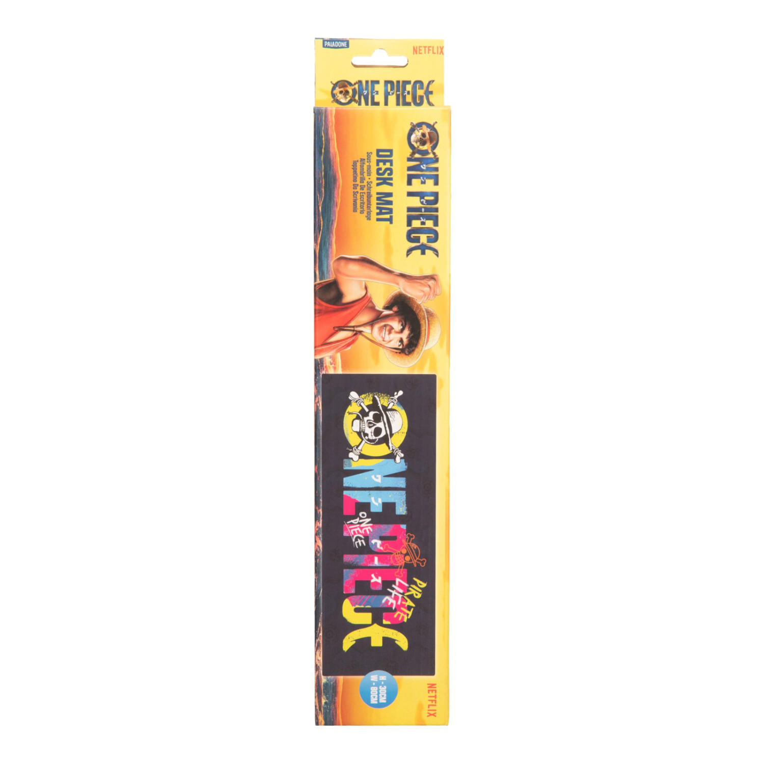 Opakowanie podkładki na biurko One Piece z postaciami z anime i logo.