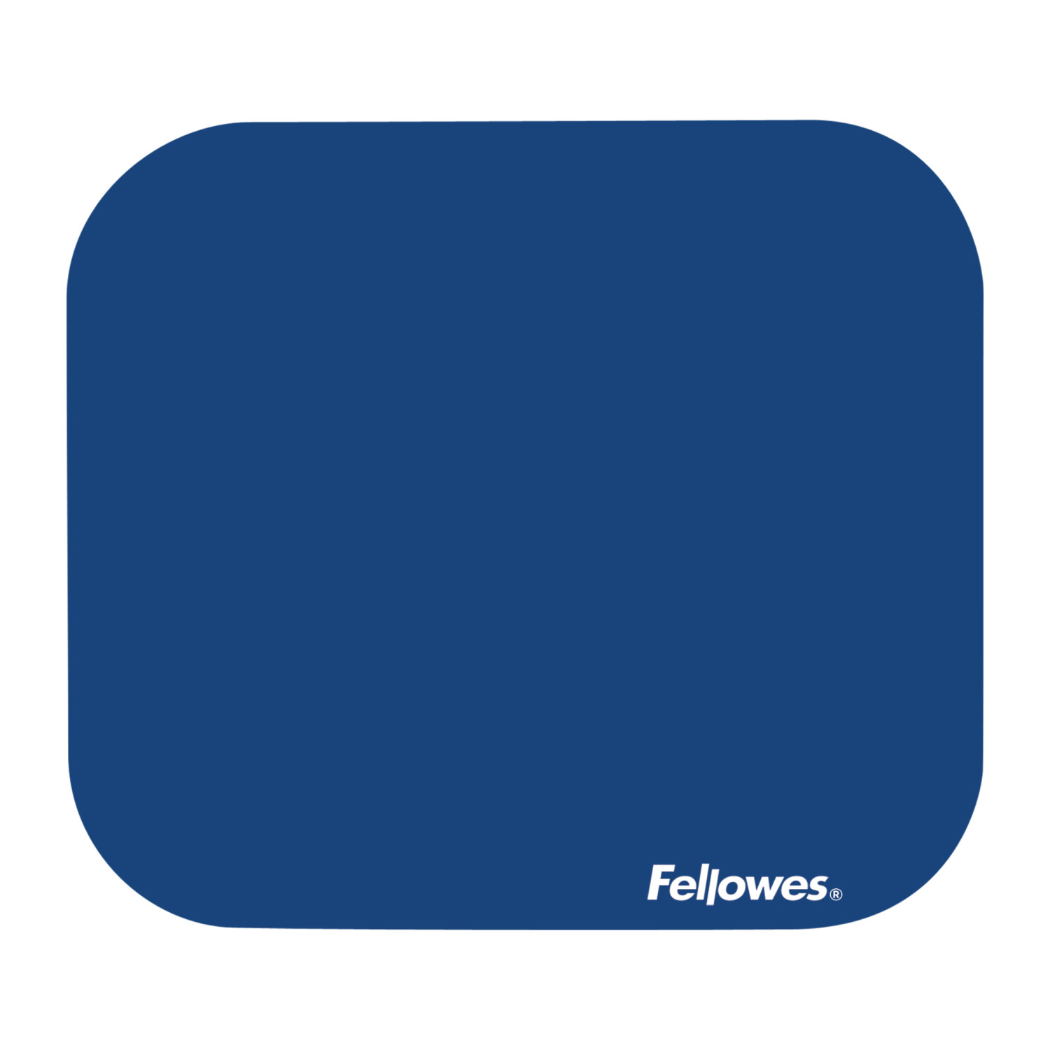 Donkerblauwe muismat met afgeronde hoeken en Fellowes-logo rechtsonder.