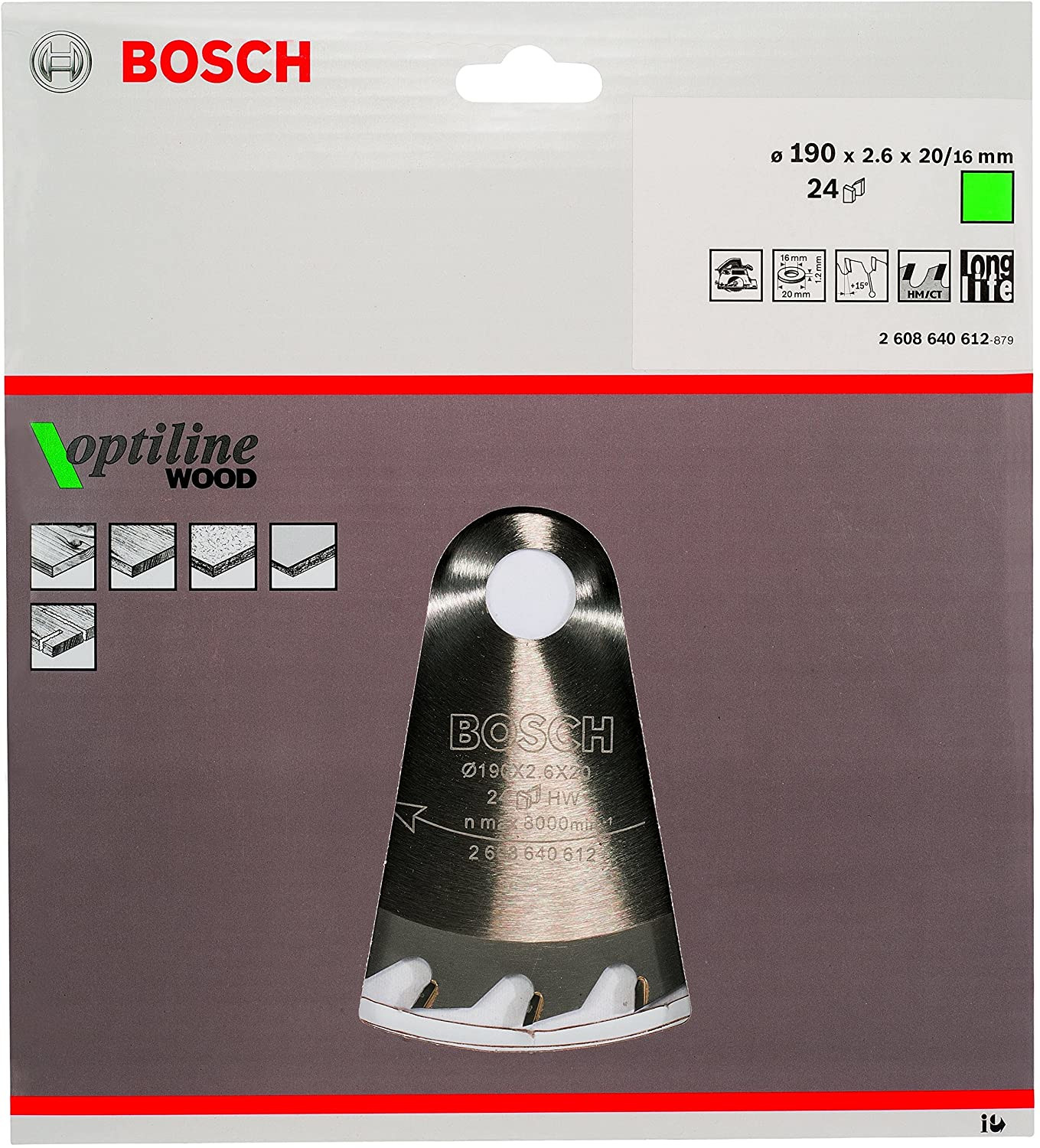 Verpackung einer Bosch Sägeblatt für Holz, Ø 190 mm, 24 Zähne.