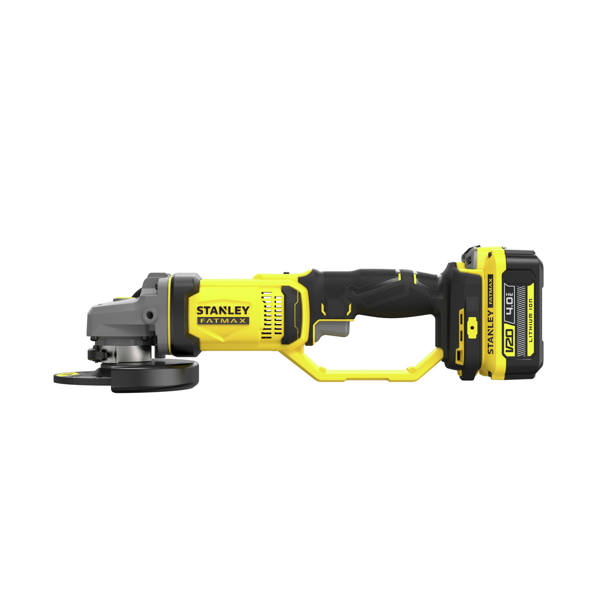 Smerigliatrice angolare a batteria gialla e nera con logo Stanley Fatmax.