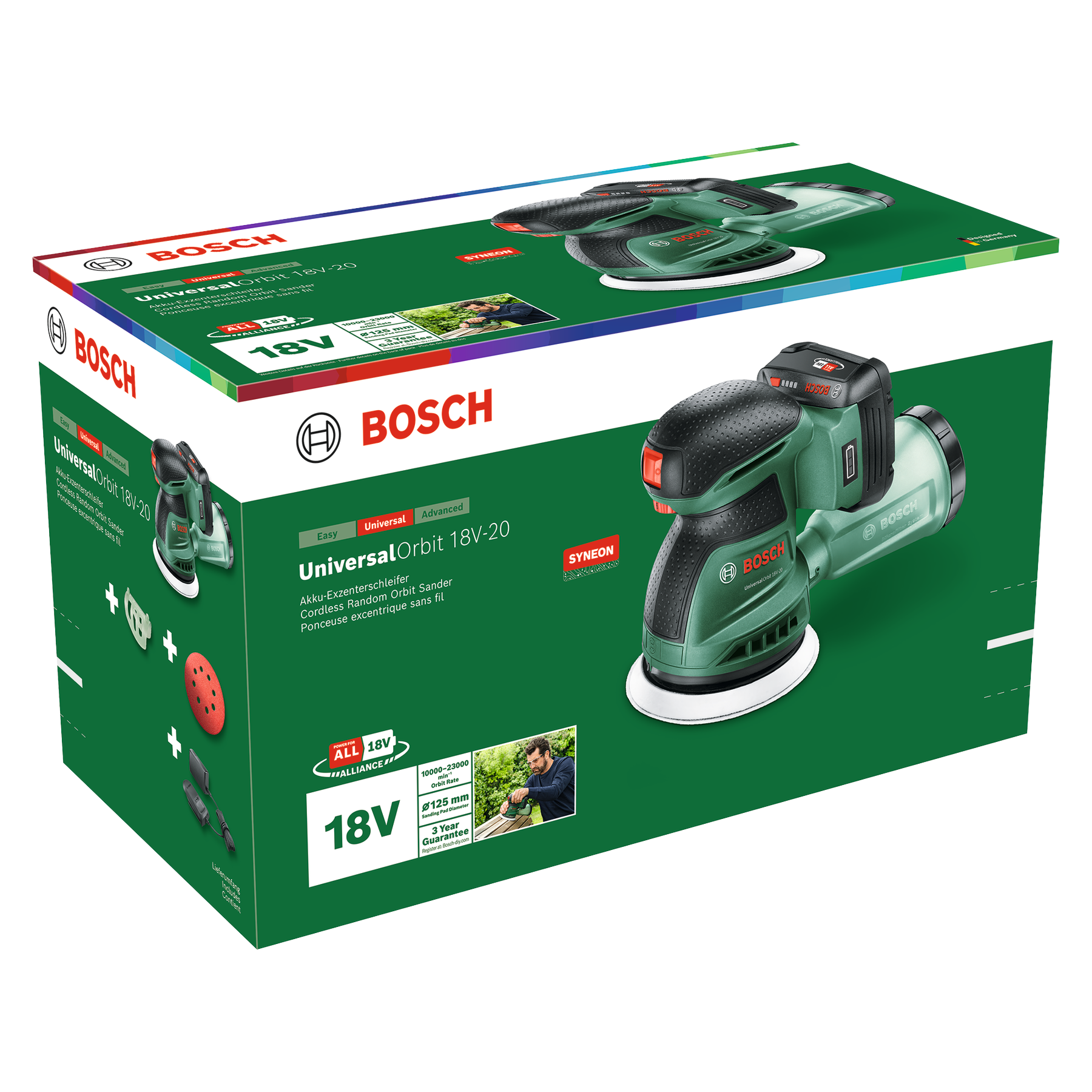 Ponceuse excentrique sans fil Bosch UniversalOrbit 18V-20 sur boîte verte.