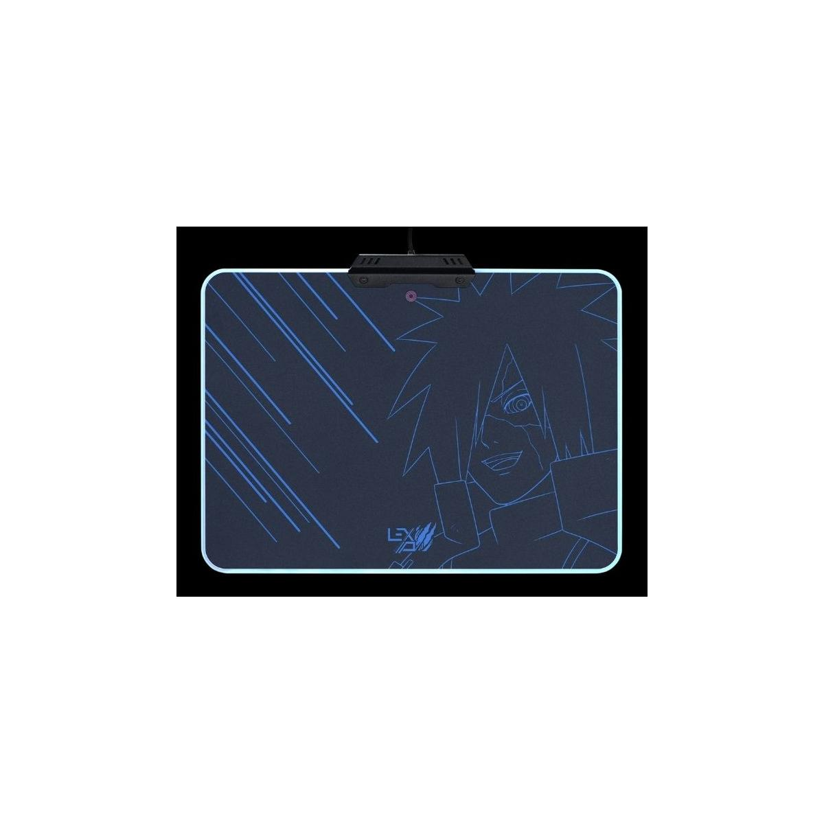 Un tapis de souris bleu foncé avec un contour bleu présente le visage d'un personnage et des éclairs.