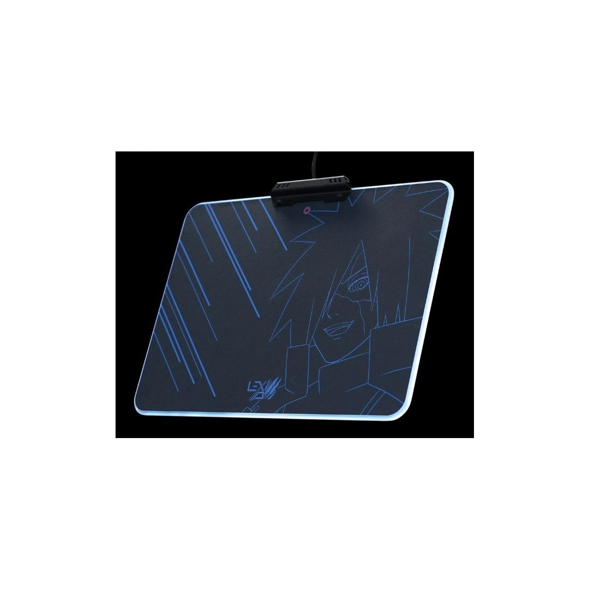 Un tapis de souris lumineux représentant un personnage d'anime et des lignes bleues.