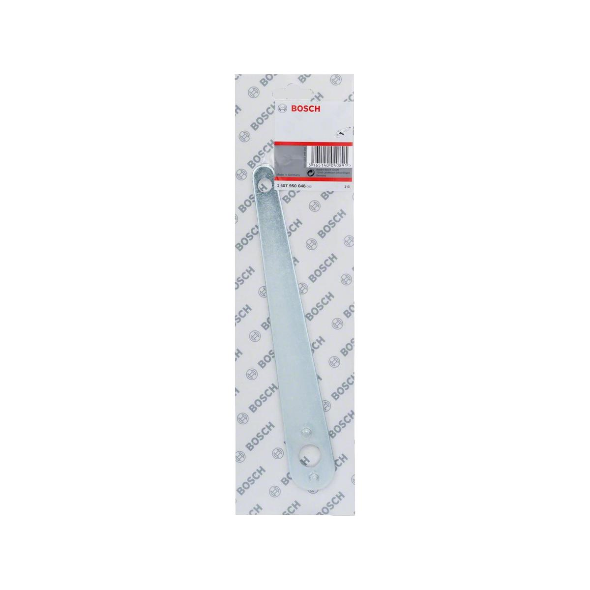 Una chiave argentata con logo Bosch su sfondo bianco.