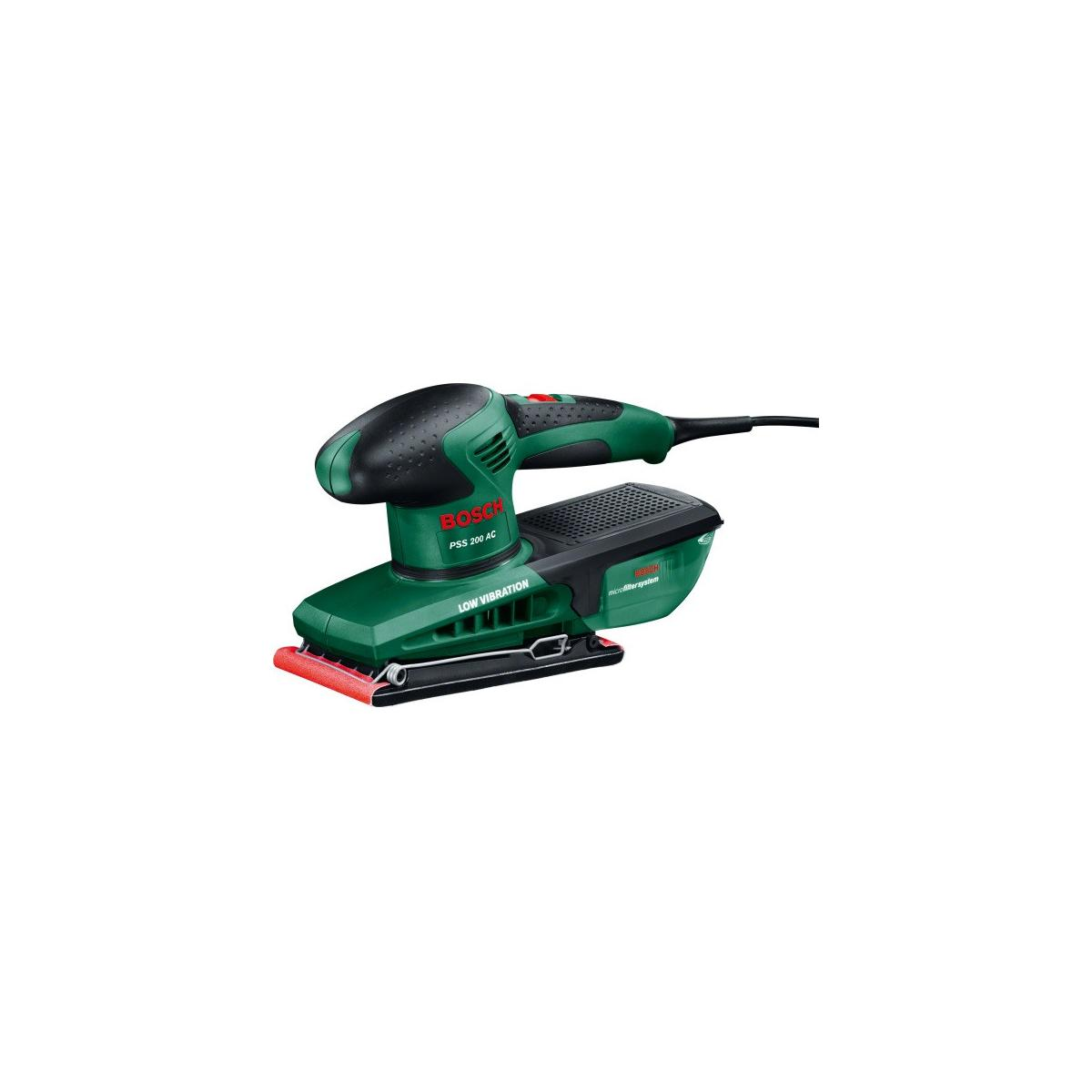 Lijadora Bosch verde con colector de polvo y borde rojo.