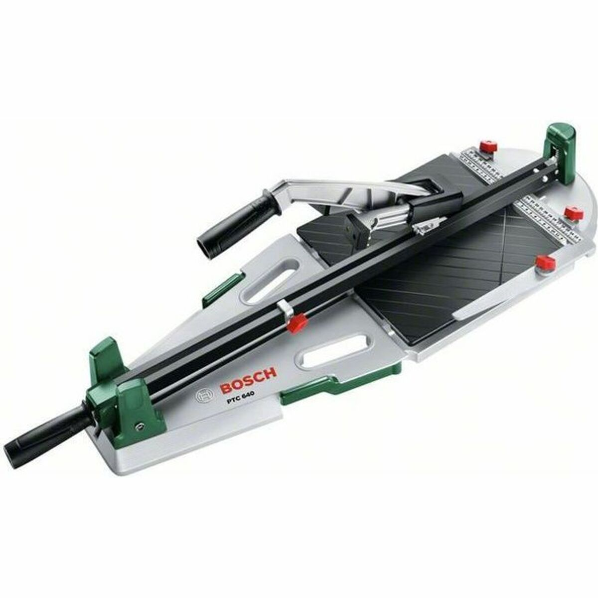 Cortador de baldosas Bosch PTC 640 con carro plateado, base negra y acentos verdes.