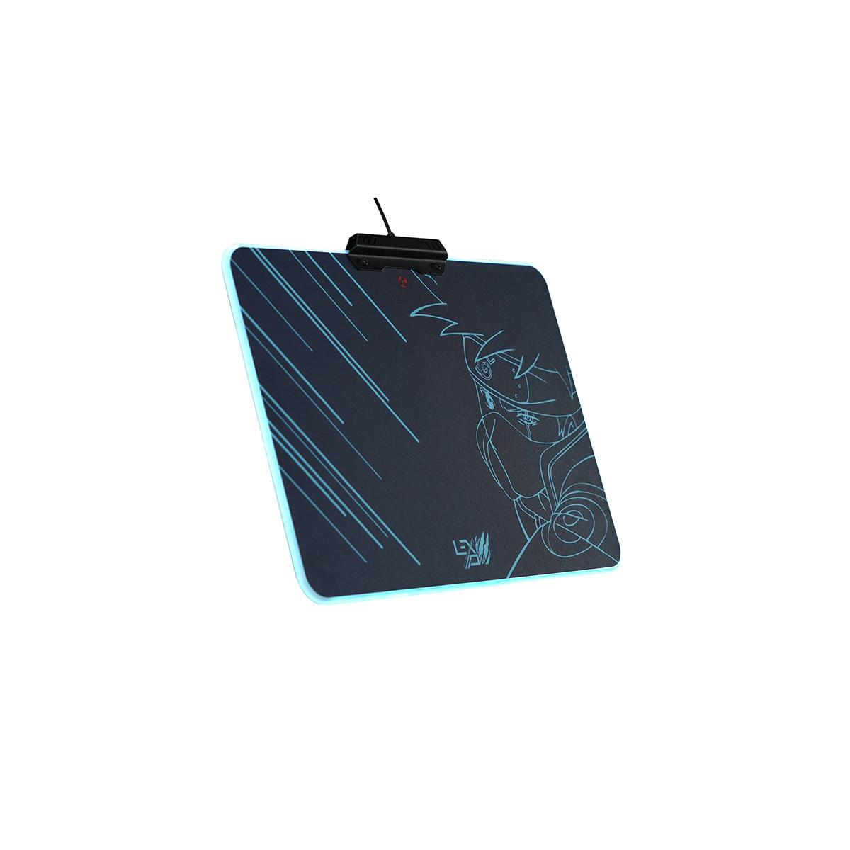 Blauw gaming muismat met anime-personageontwerp en RGB-verlichting.