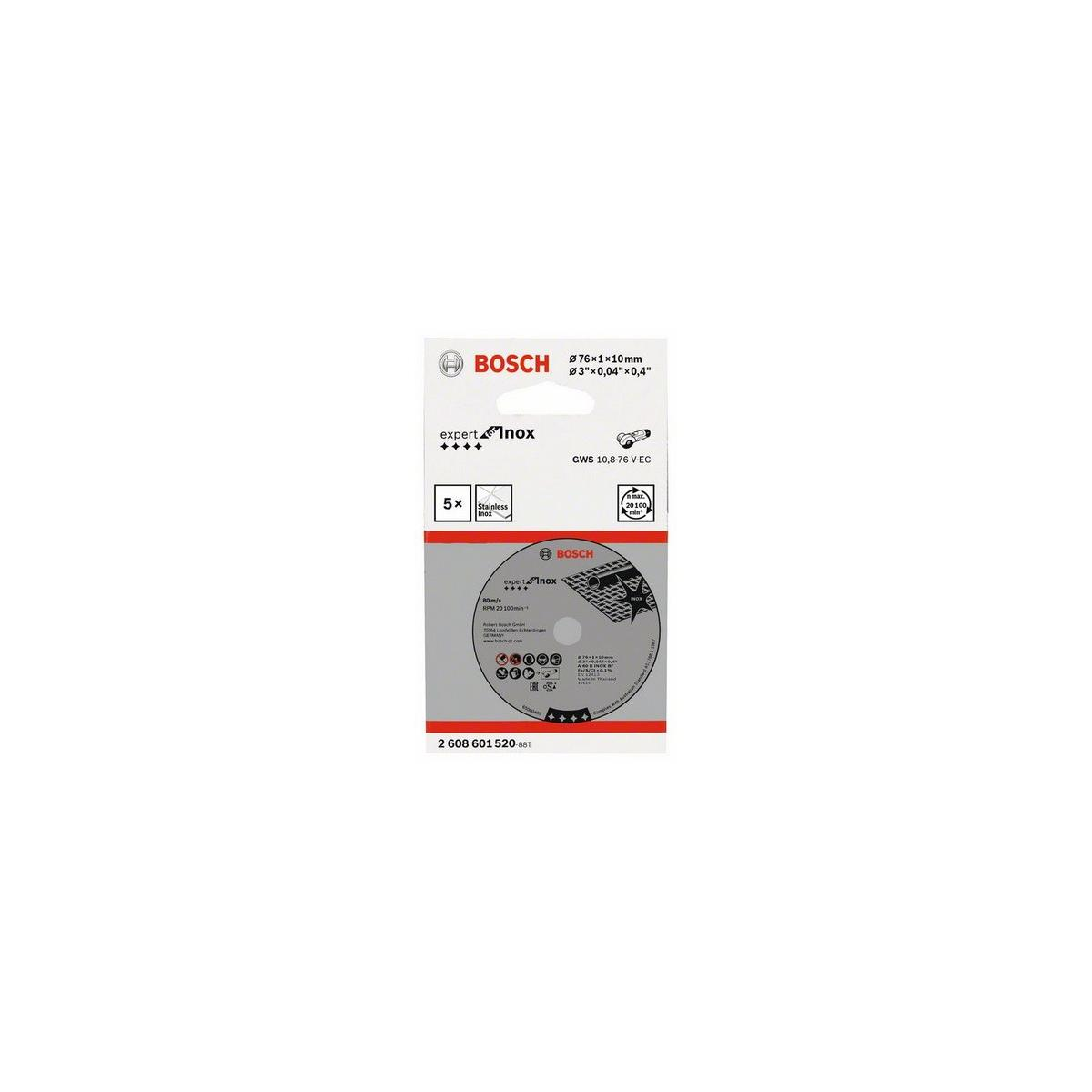 Bosch Expert Inox cutting disc, 76x1x10mm, for stainless steel, 20100 rpm.