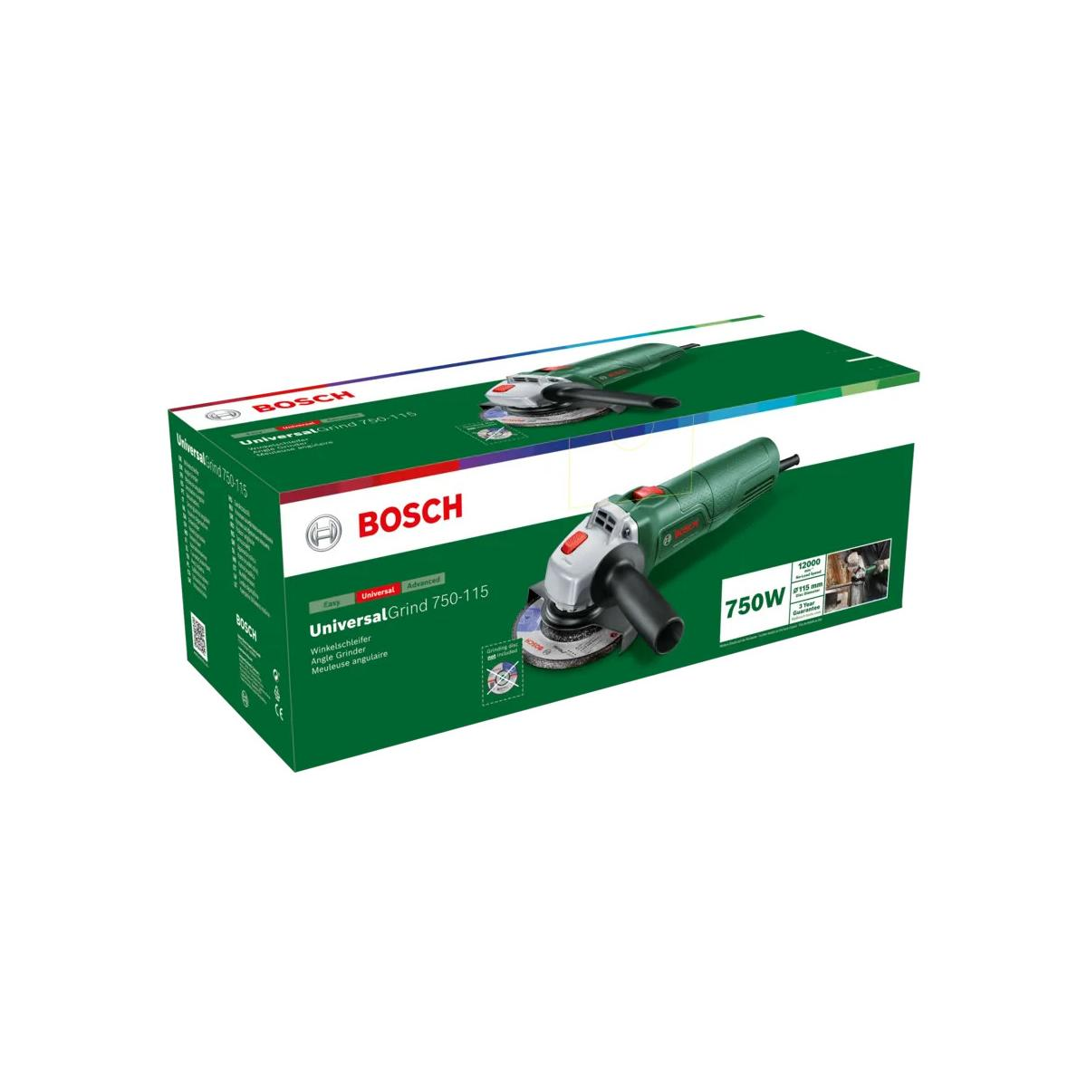 Packaging of a green Bosch angle grinder with 750W power.