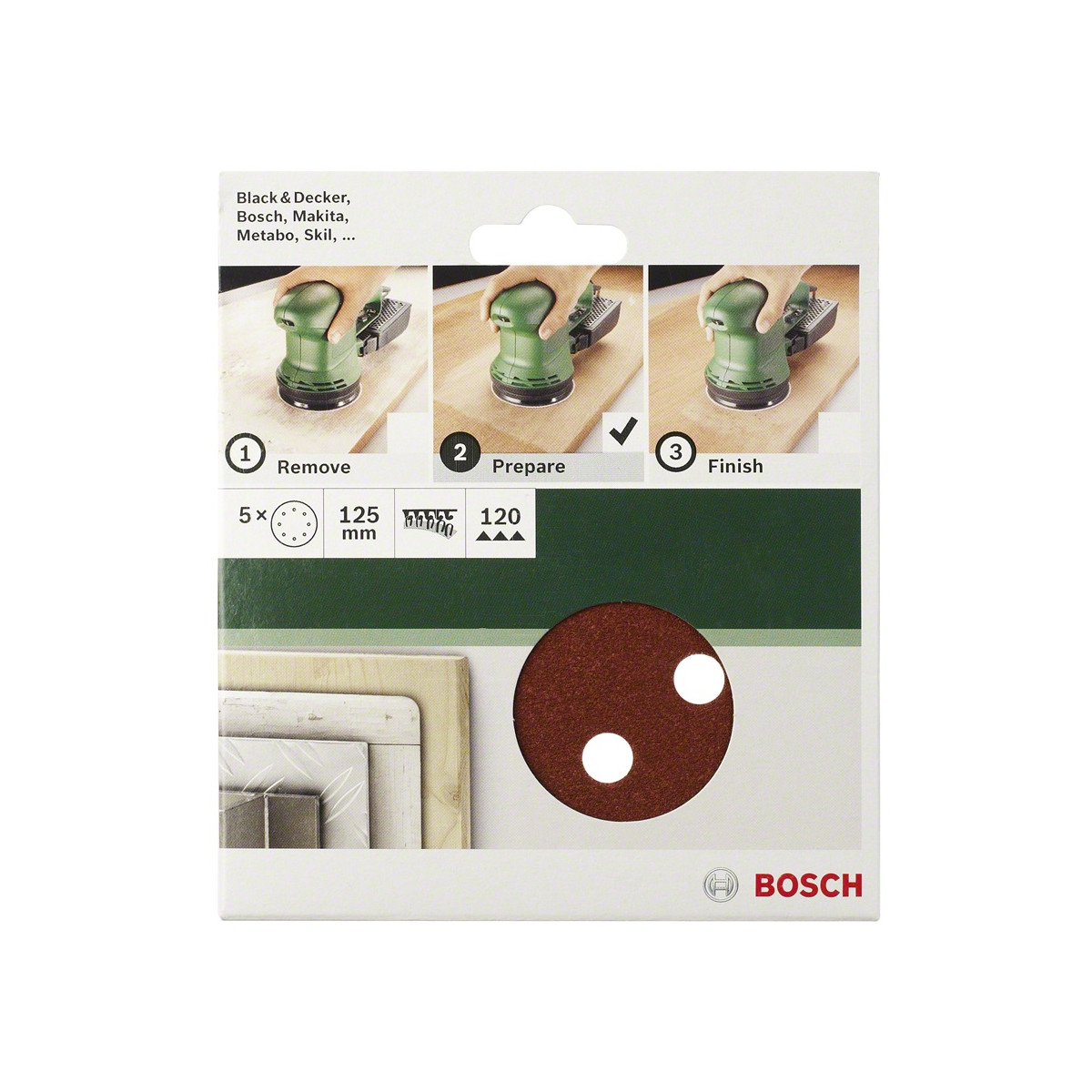 Confezione per carta vetrata con istruzioni e logo Bosch.