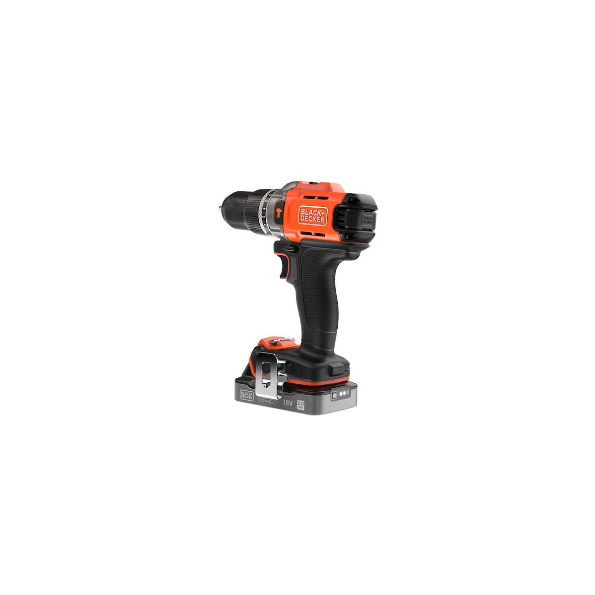 Taladro inalámbrico negro y naranja sobre fondo blanco.